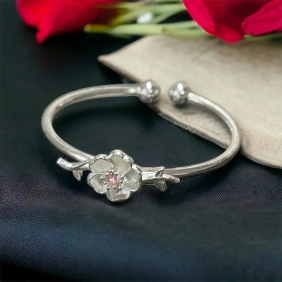 2 LEFT! Silver Cherry Blossom Bangle Bracelet - Picture 1 of 2